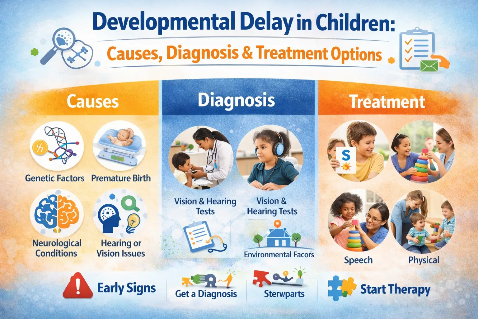 Developmental delay in children showing causes, diagnosis process, and treatment options with early intervention support