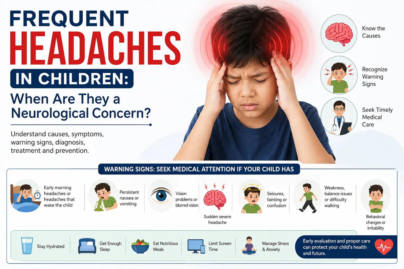 Frequent headaches in children infographic showing neurological warning signs and migraine symptoms