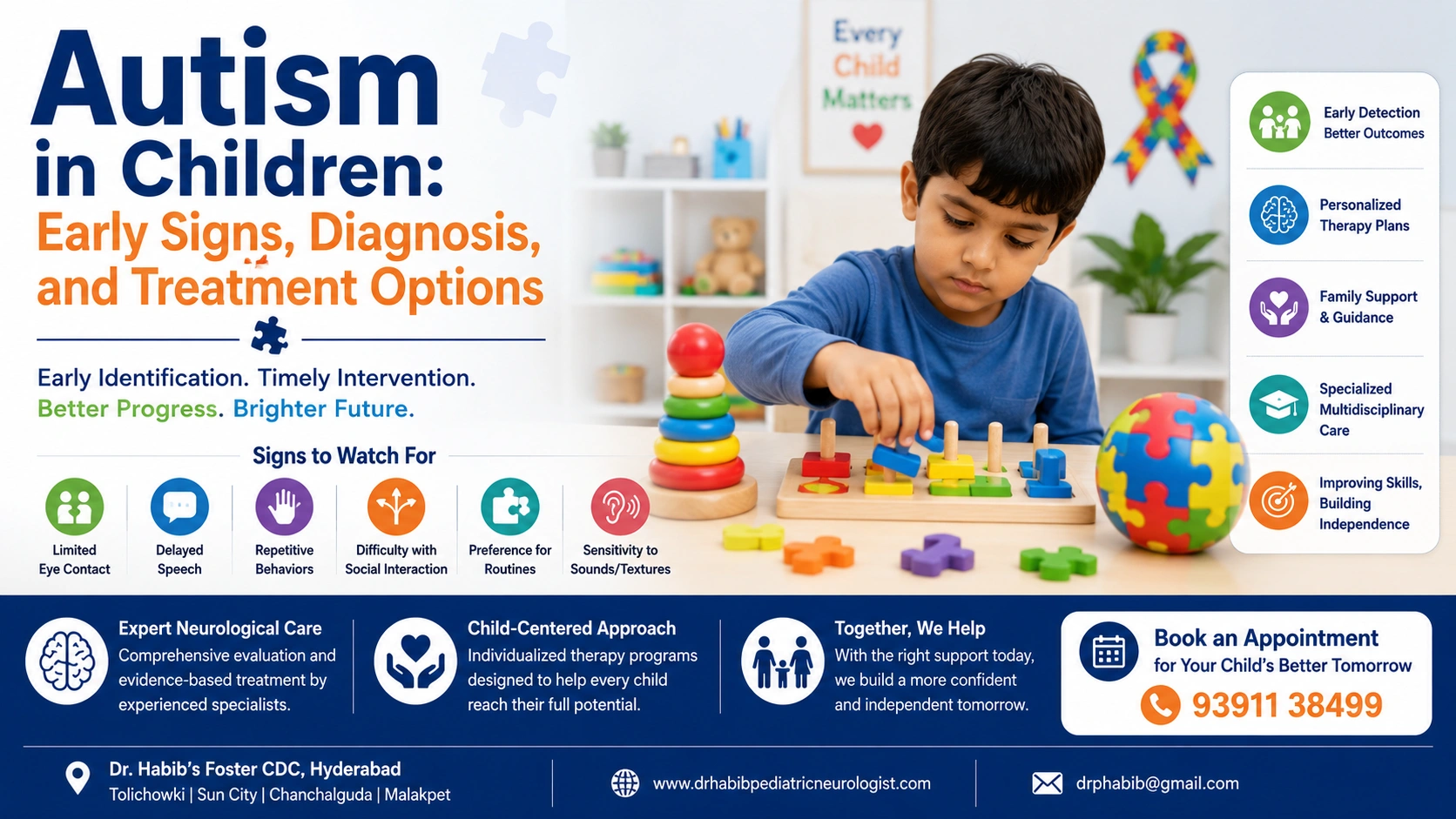Child participating in autism therapy with colorful learning tools in a pediatric clinic setting.