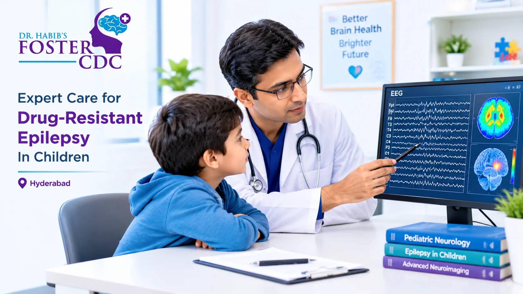 Pediatric neurologist reviewing EEG results with a child patient for drug-resistant epilepsy treatment in Hyderabad
