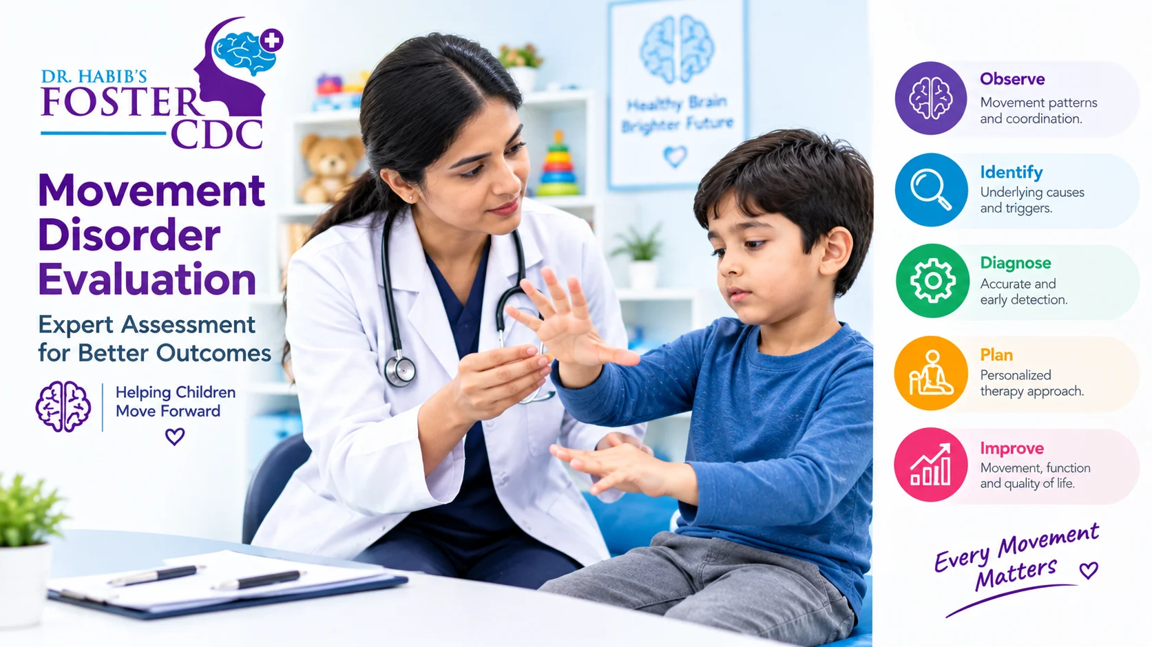 Pediatric neurologist observing a child's hand movements during a movement disorder evaluation