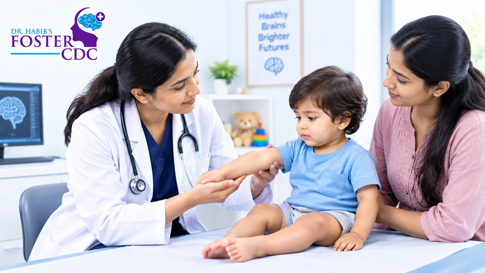 Pediatric neurologist gently examining a toddler’s muscle tone while a parent looks on