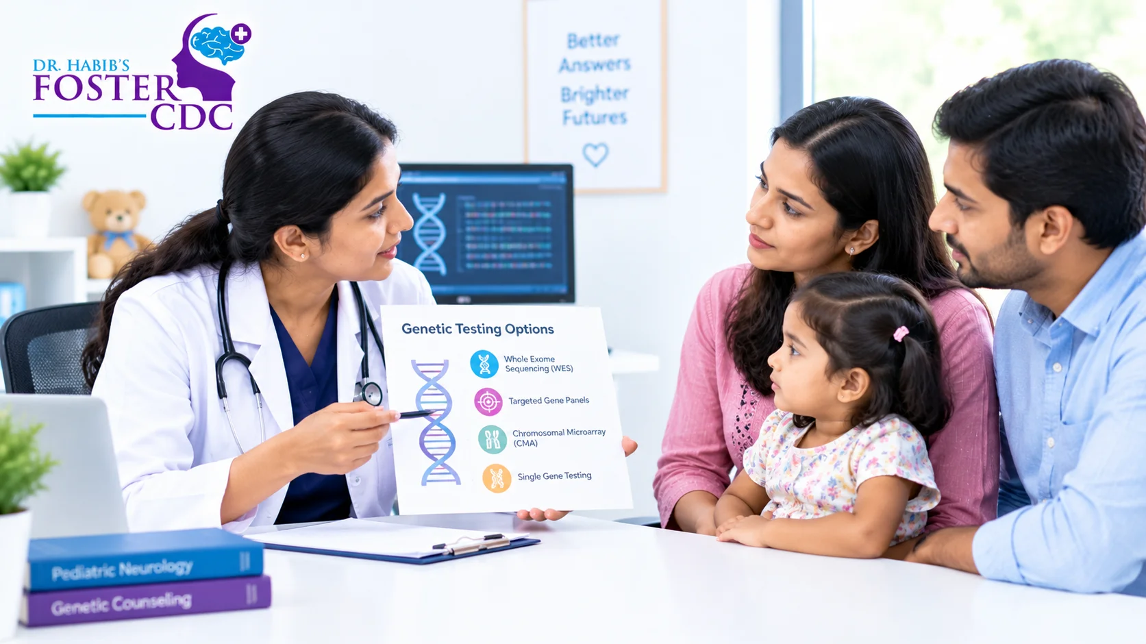 Pediatric neurologist explaining genetic test options to parents of a young child
