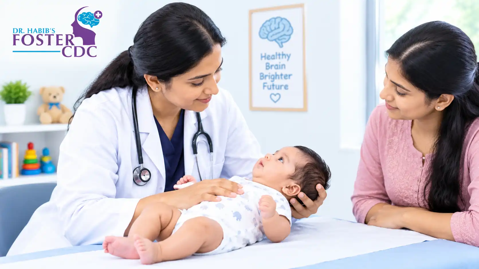 Pediatric neurologist gently supporting an infant’s head while assessing muscle tone during a clinic visit