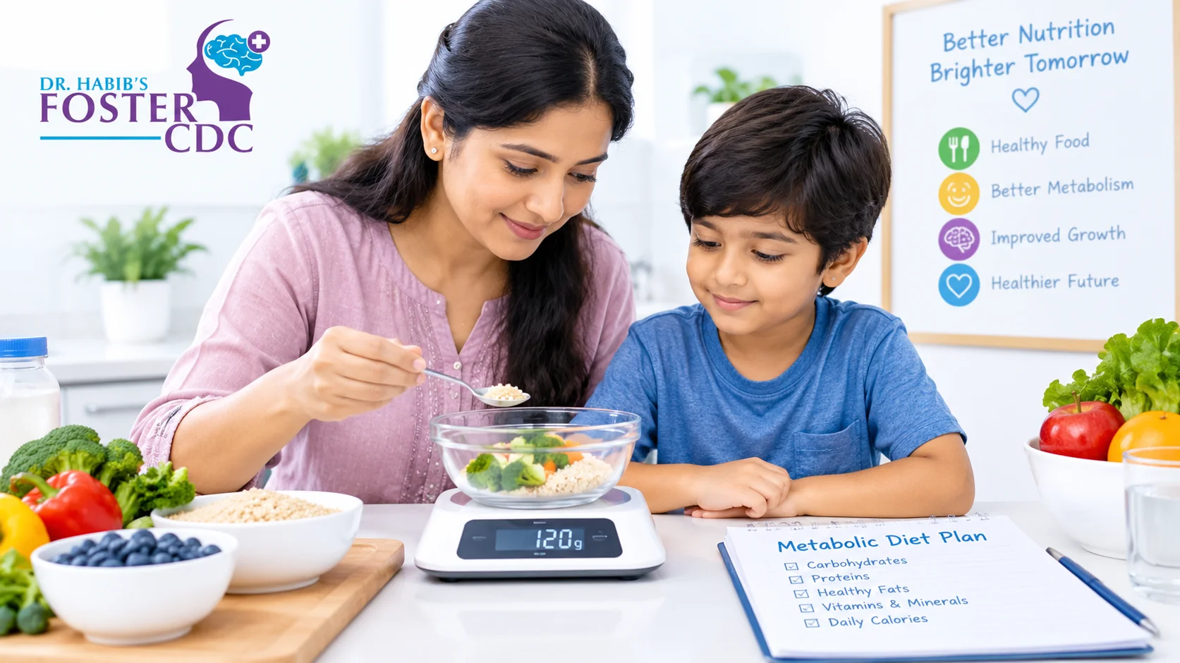 Parent measuring a child’s meal on a kitchen scale as part of a metabolic diet plan