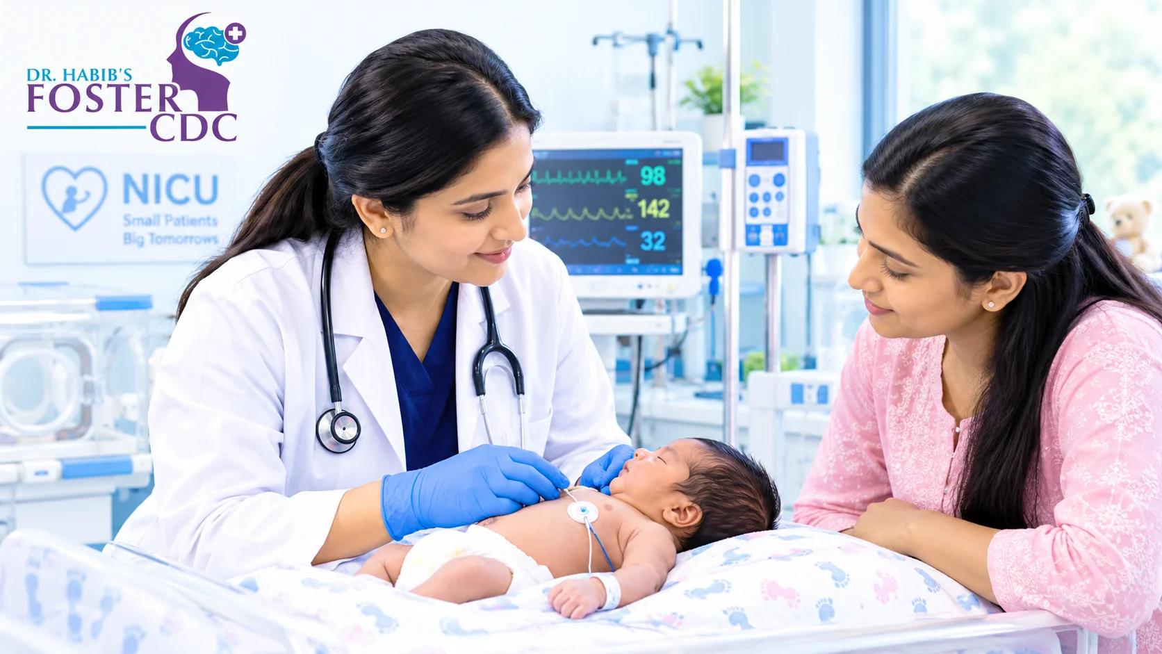 Newborn baby being gently examined in a NICU by a pediatric specialist while a parent watches