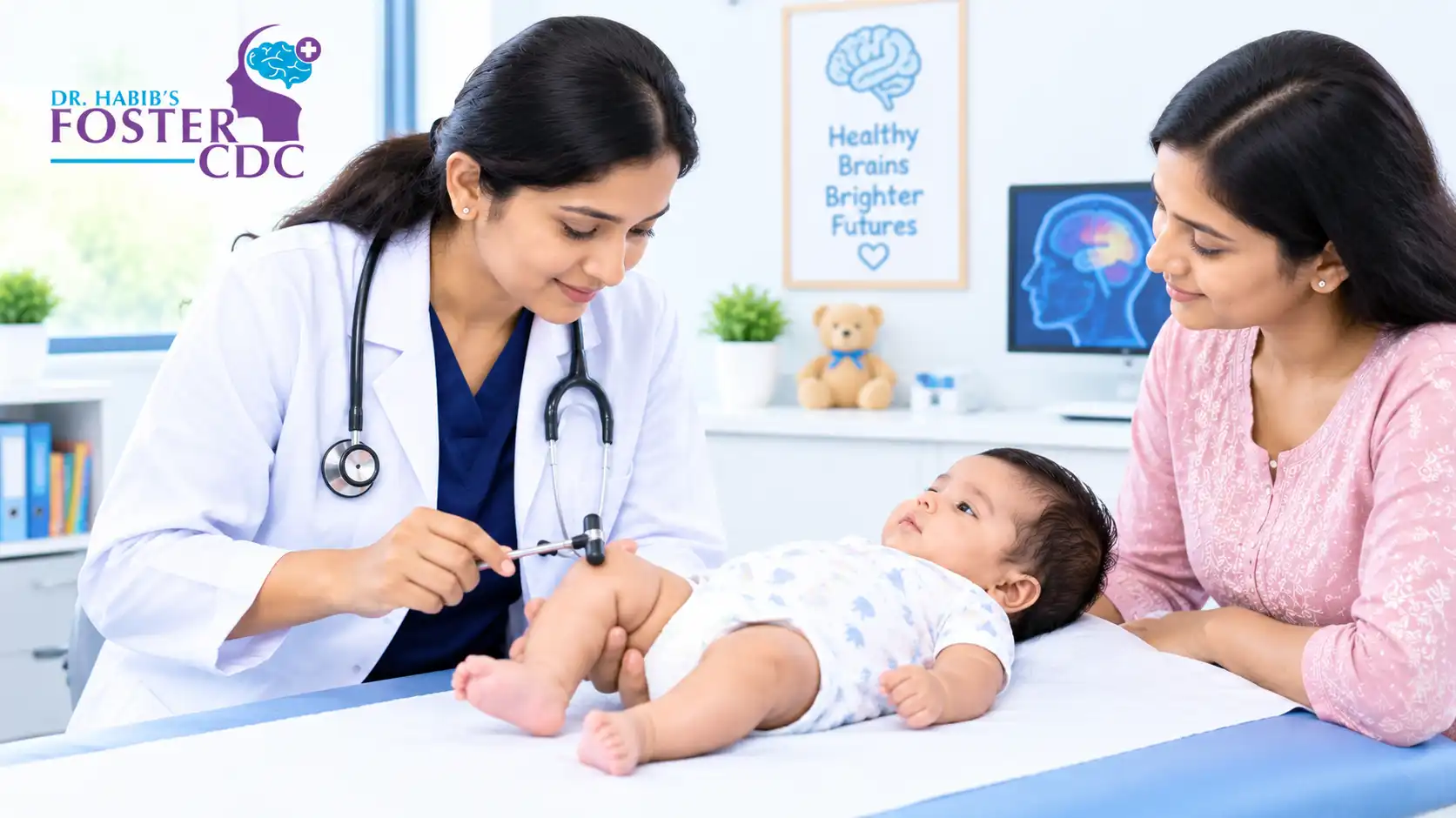 Pediatric neurologist gently assessing an infant’s leg strength and reflexes during a neuromuscular examination